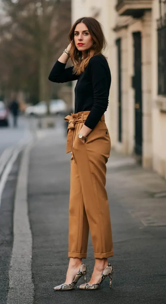 Paperbag Trousers with Fitted Cardigan