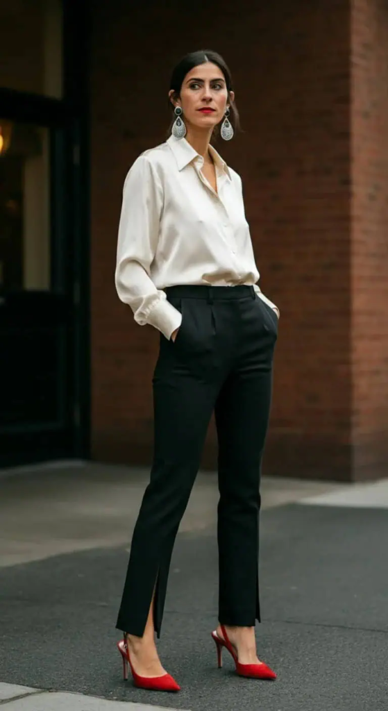 Split-Hem Pants with Silk Button-Down