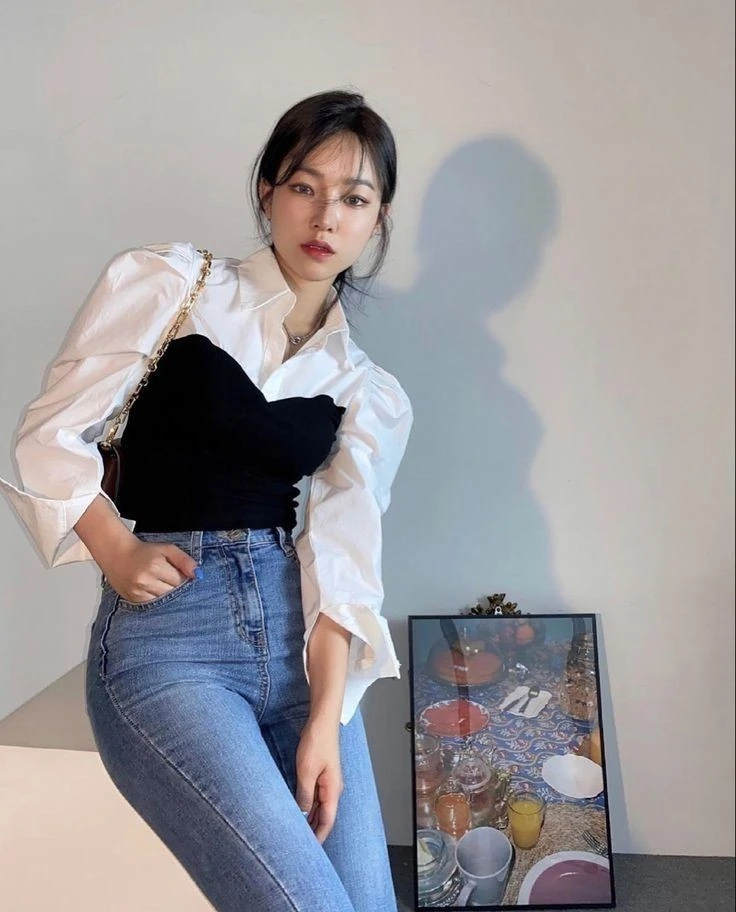 Crisp White Shirt with Black Velvet Top