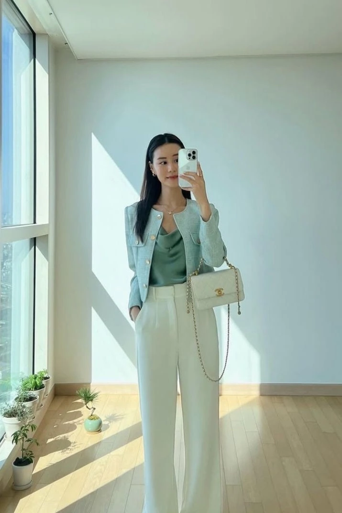 Sage Blazer with Cream Tailored Trousers