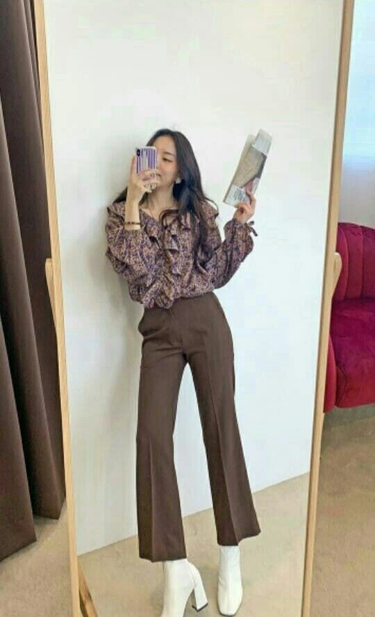 Patterned Blouse with Tailored Brown Trousers