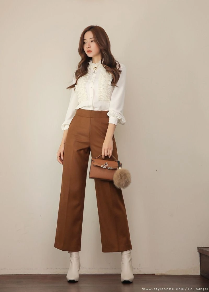 Ivory Blouse with Caramel Cropped Trousers
