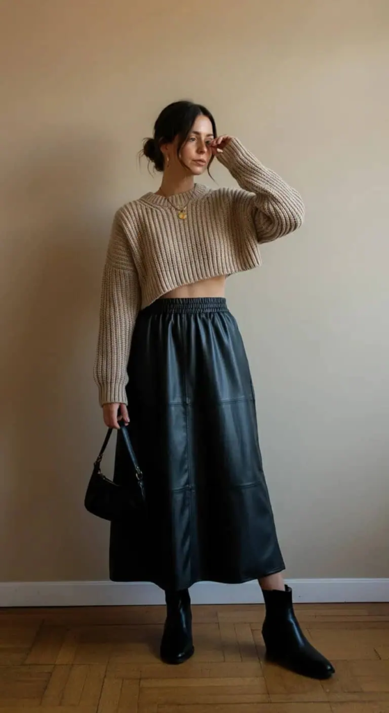 Leather Maxi Skirt with Cropped Knit Top