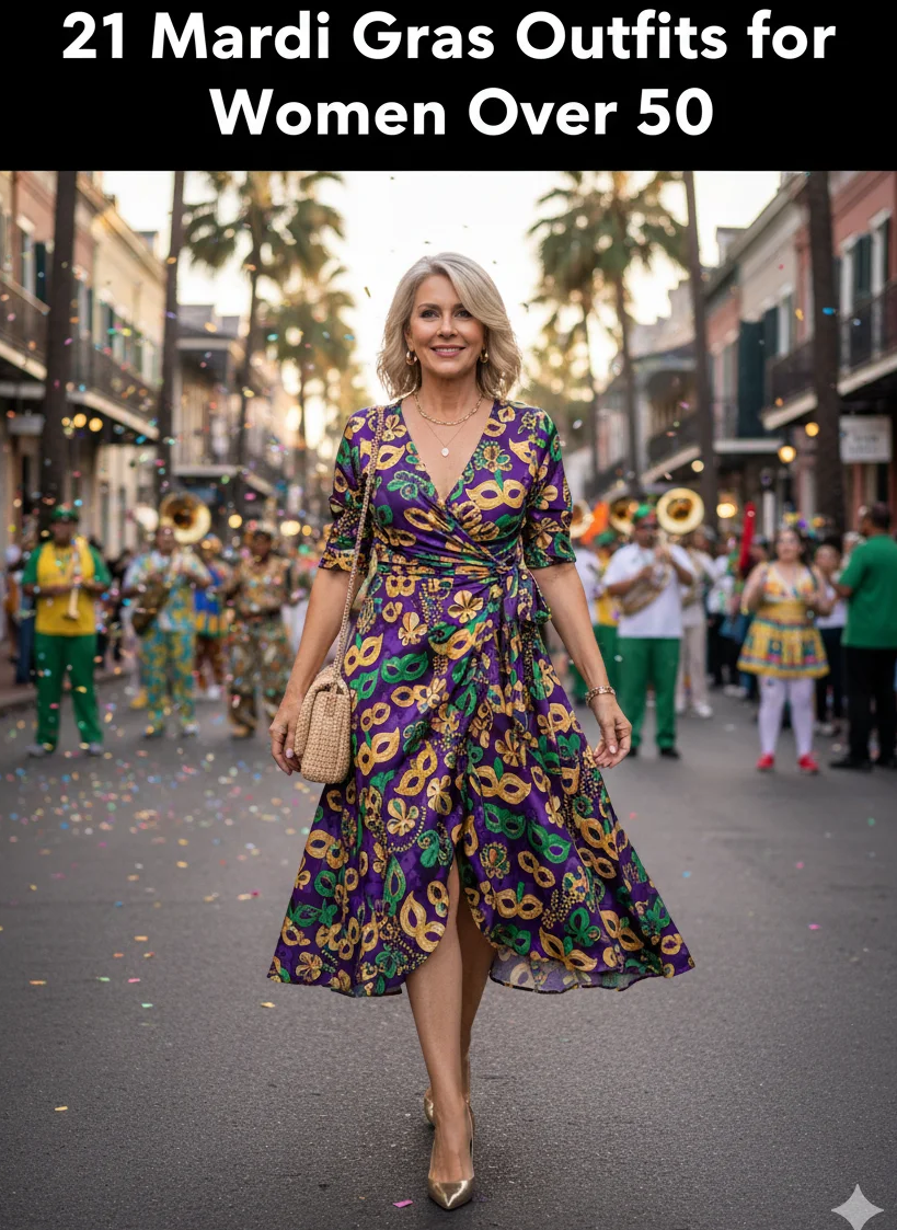 Mardi Gras Print Wrap Dress